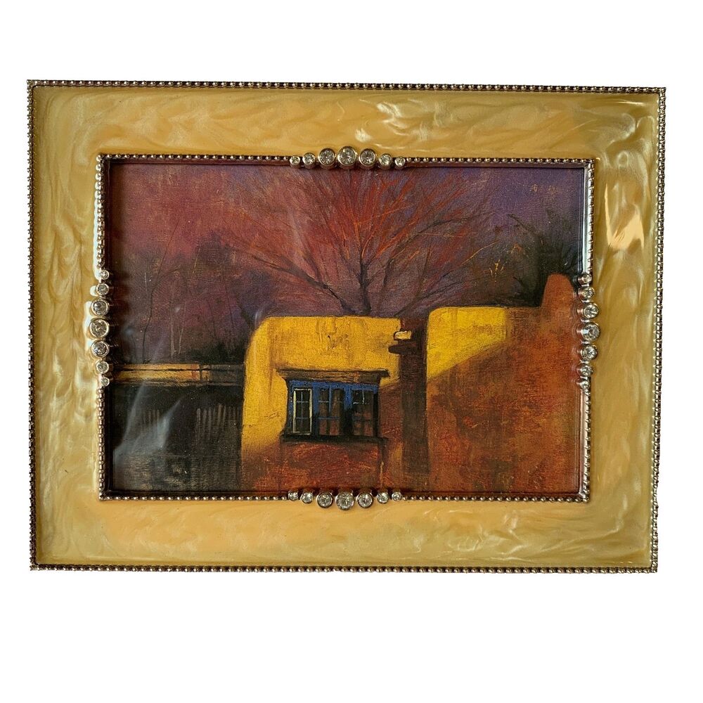 Yellow Gold Enamel Picture Frame Silver Beaded Border Rhinestones 5x7 Adobe